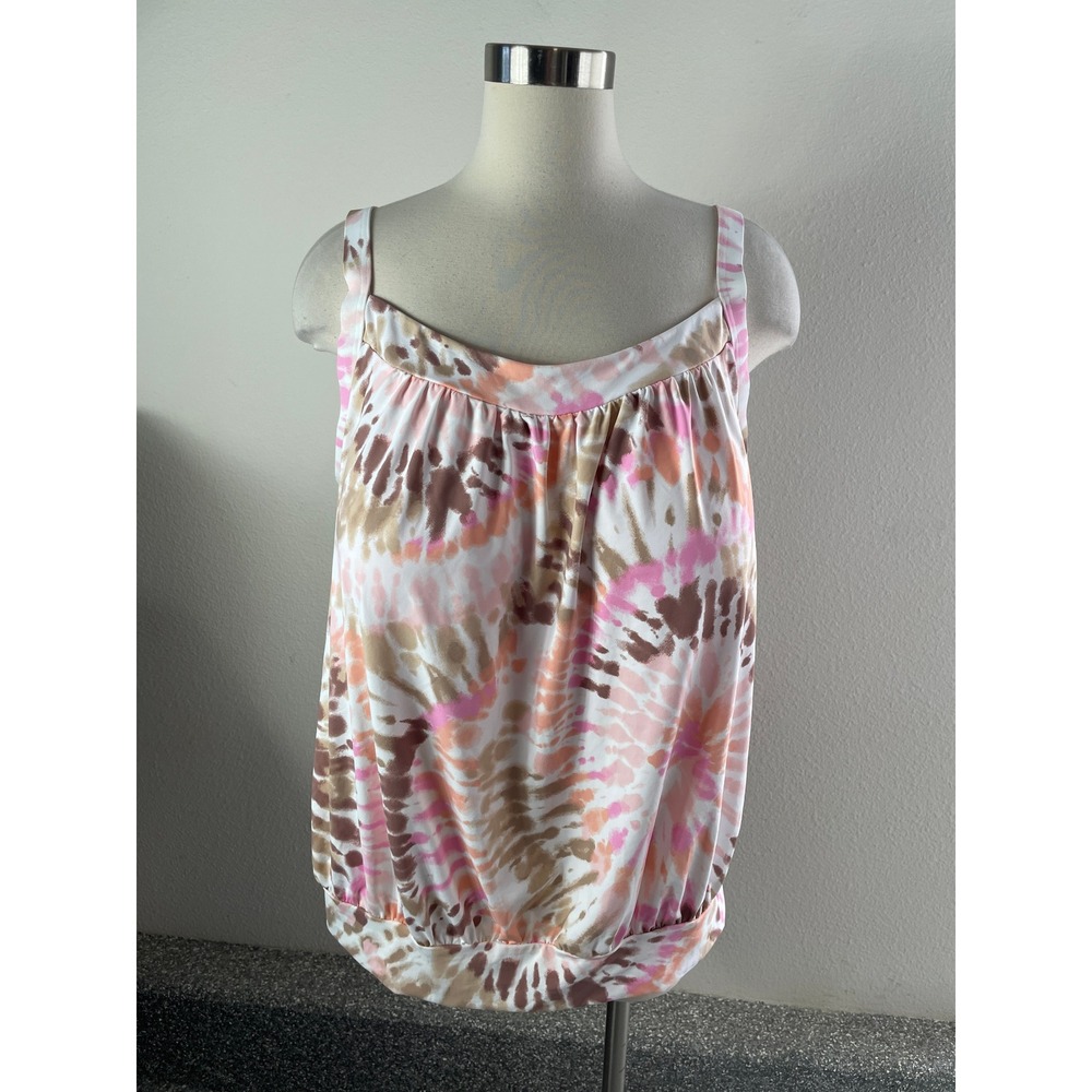 Lands End Womens Plus 24W Pink Brown Tie Dye Blouson Tankini Swim Top Banded Hem